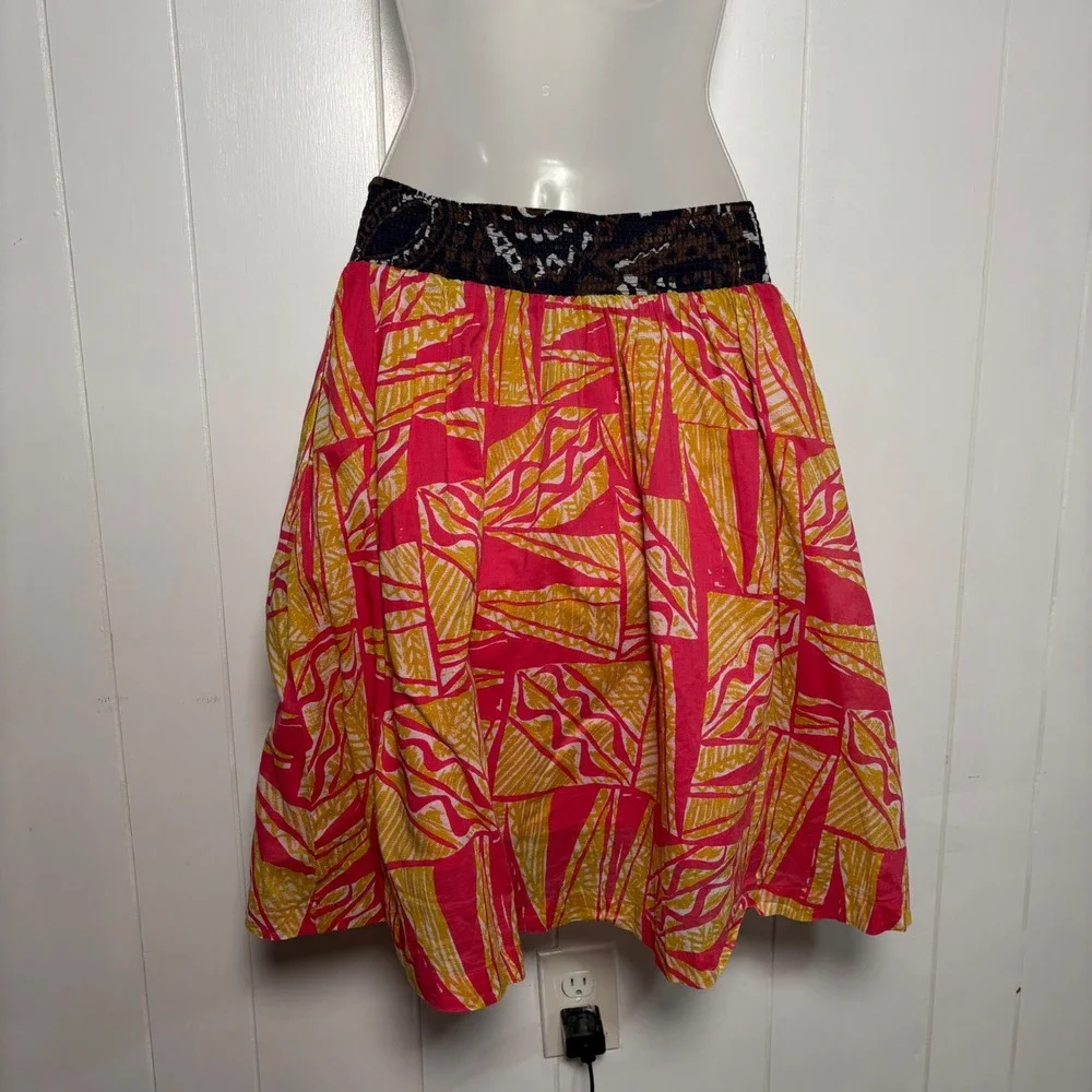 Vanessa Virginia Anthropologie Pink Yellow Abstract Cotton Smocked Skirt Sz 2 XS